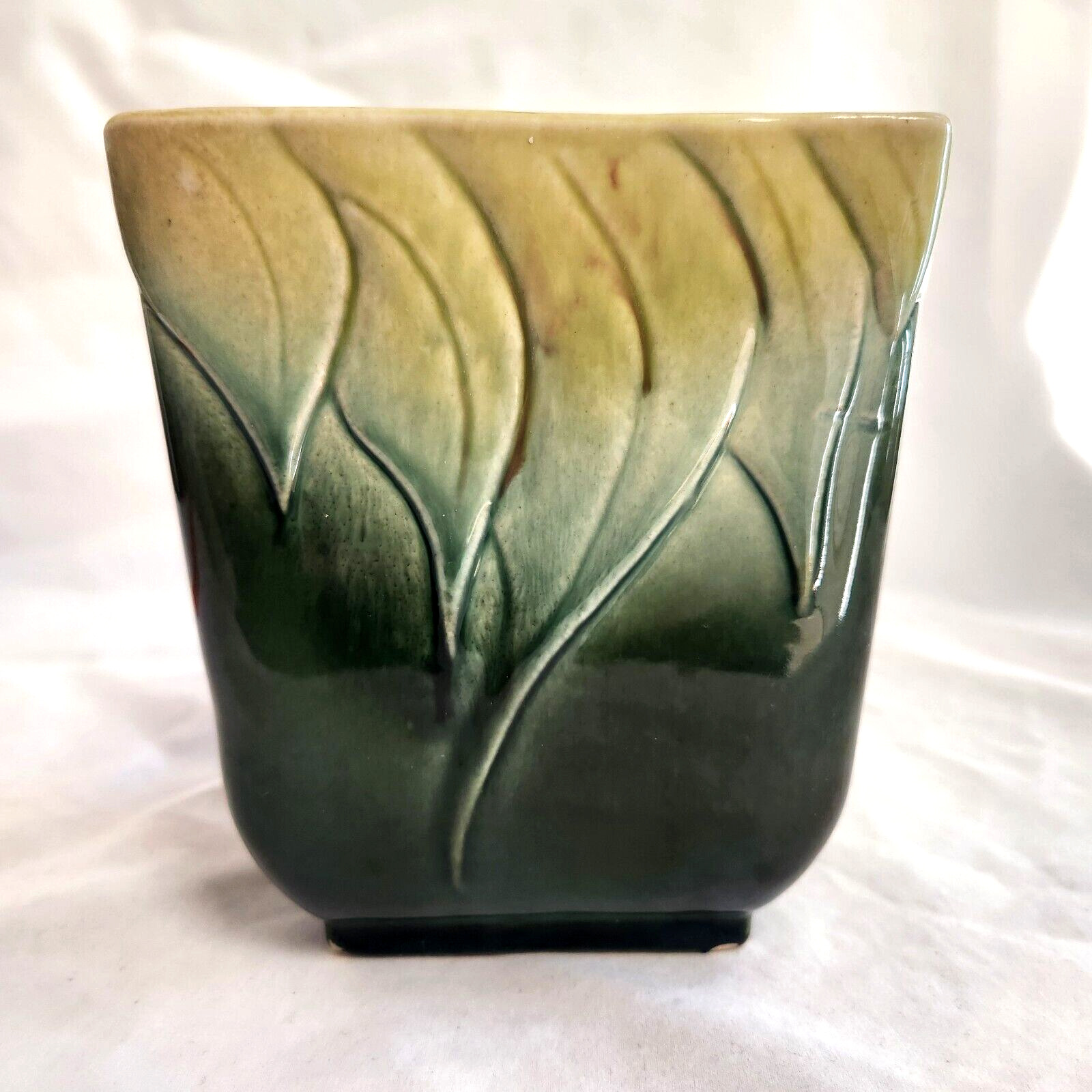 Vintage Hull Deep Green Yellow Leaf Planter Vase USA Art Pottery #116 MCM AS IS
