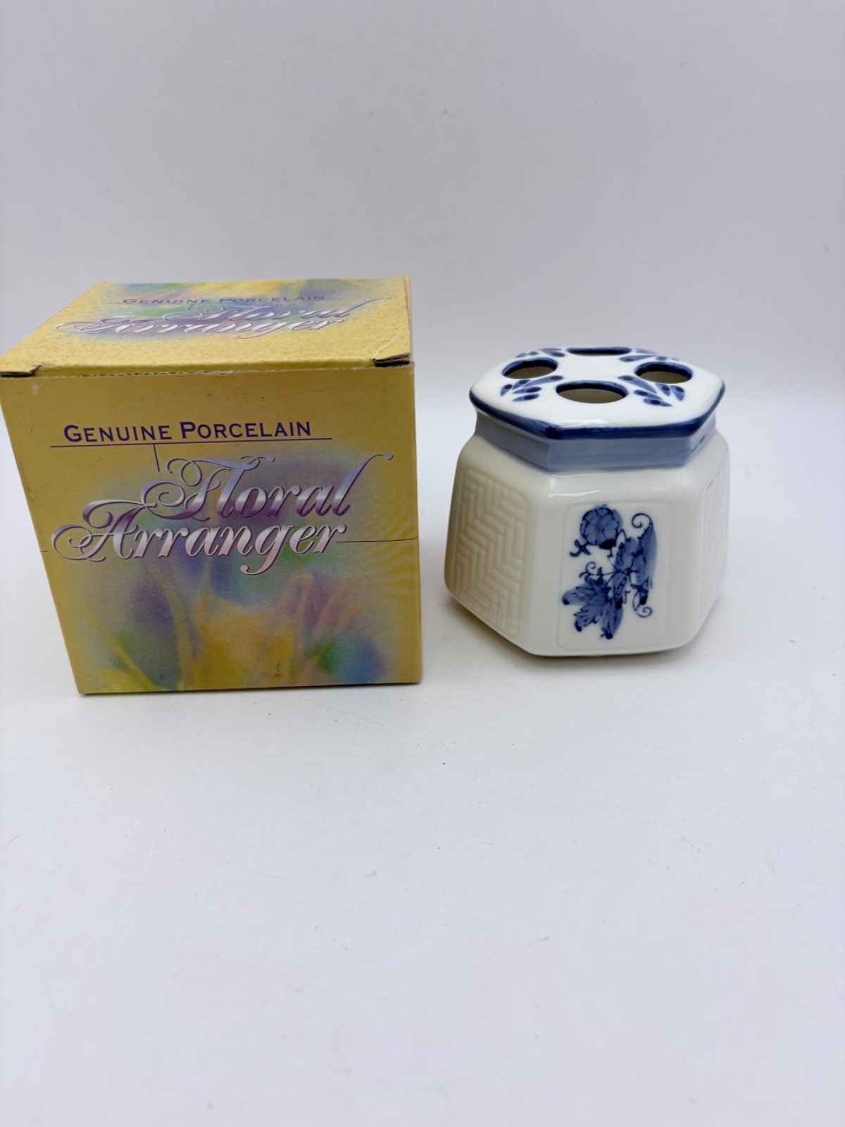 New in Box Blue and White Porcelain Flower Floral Arranger / Vase