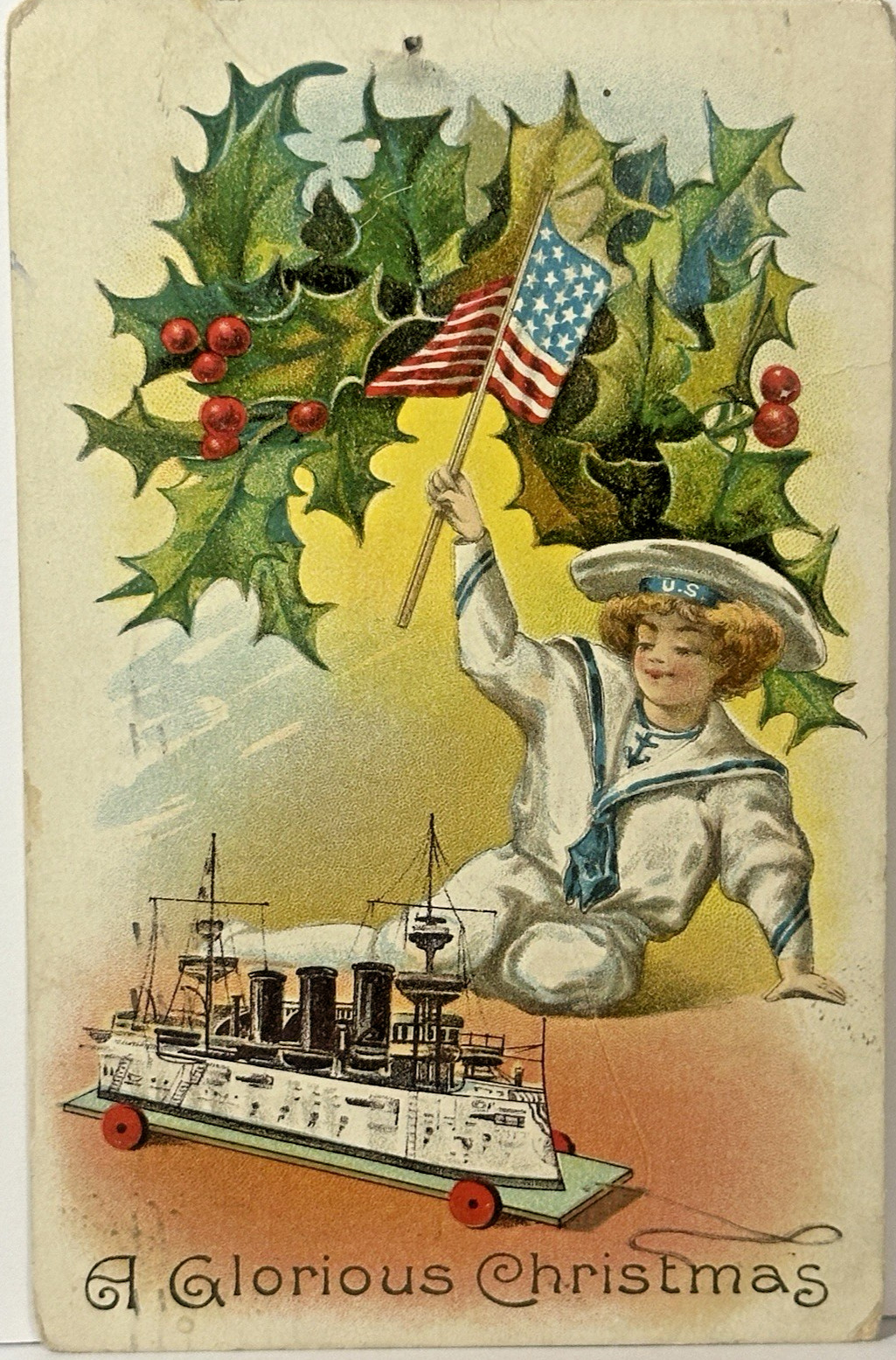 Christmas Postcard Patriotic Children USA Flag Steamship Sailor Suit Glorious Christmas Postcard Patriotic Children USA Flag Steamship Sailor Suit Glorious
