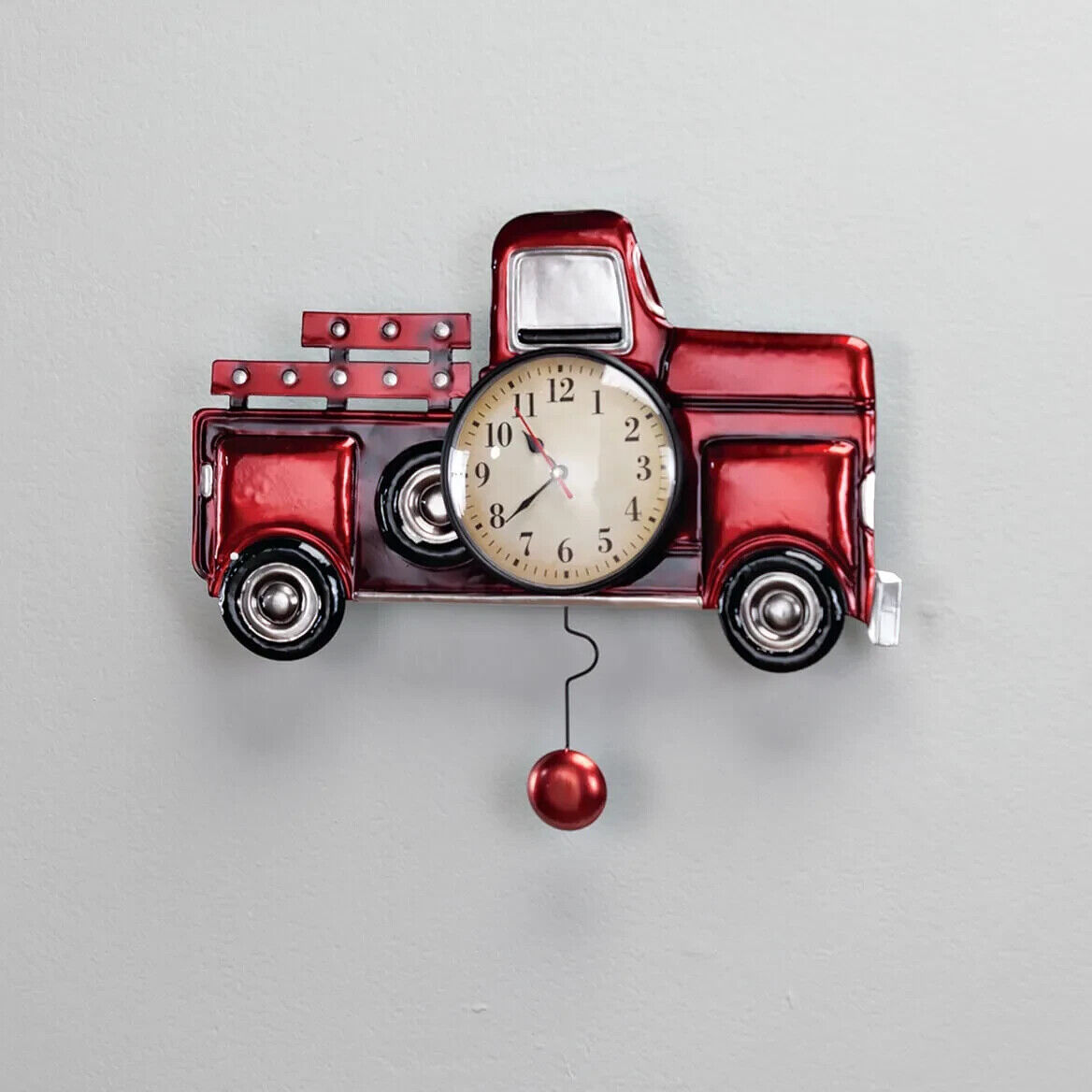 Vintage Red Truck Metal Wall Retro Pendulum Clock Man Cave Farmhouse Gift