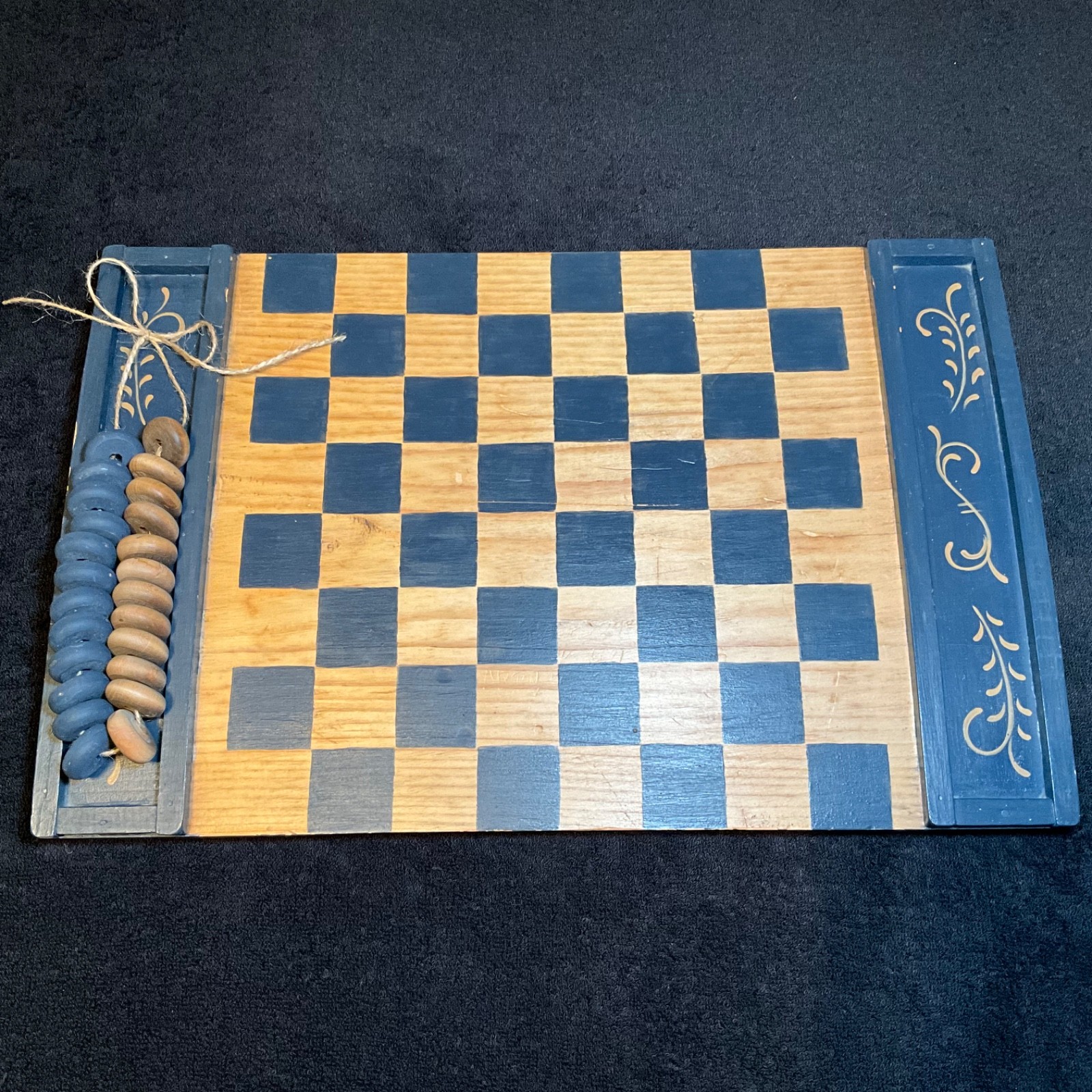 VTG Country Farm Wooden Checkerboard wSide Trays Blue/Wooden Primitive Folkart