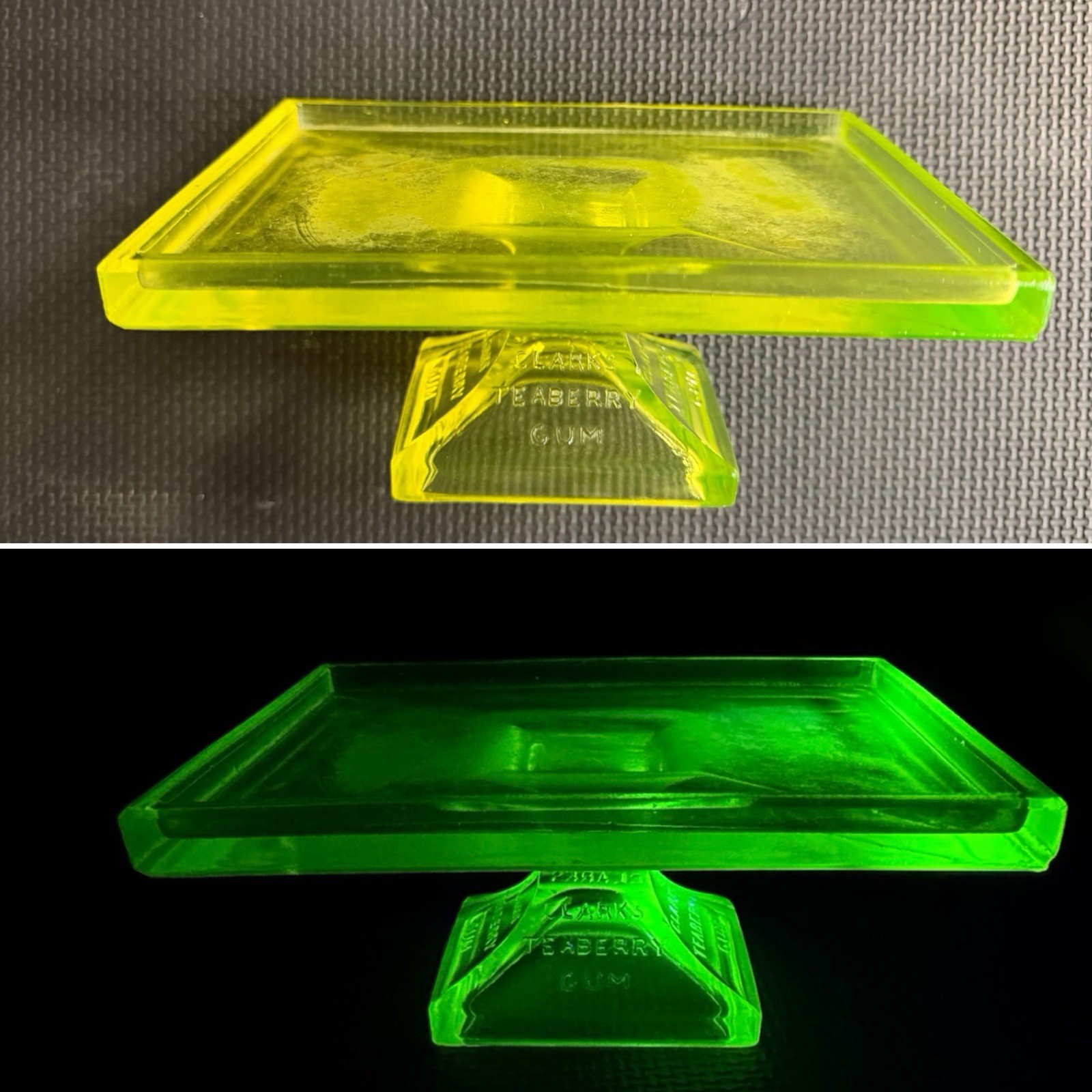 RARE Vintage Clark's Teaberry Gum Display Stand - Vaseline Uranium Glass