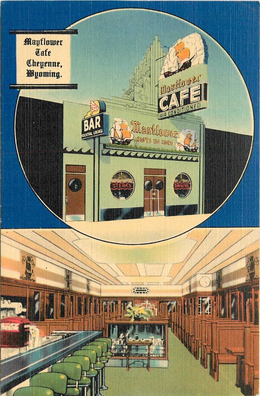 Postcard 1940s Wyoming Cheyenne Mayflower Cafe Entrance Interior linen WY24-4317