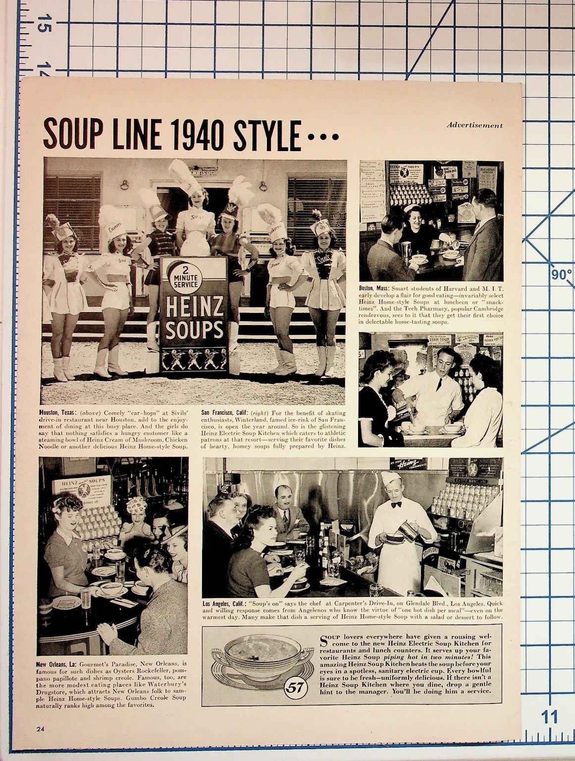 Vintage 1940s Heinz Soup Line Style Magazine Ad Harvard MIT Houston LA New