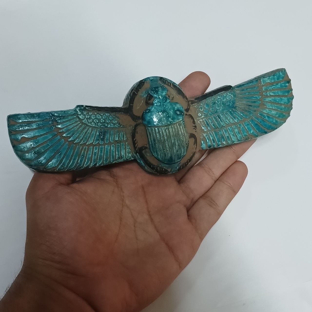Egyptian Winged Blue Scarab, Handmade Vintage Pharaoh Decor & Collectible.