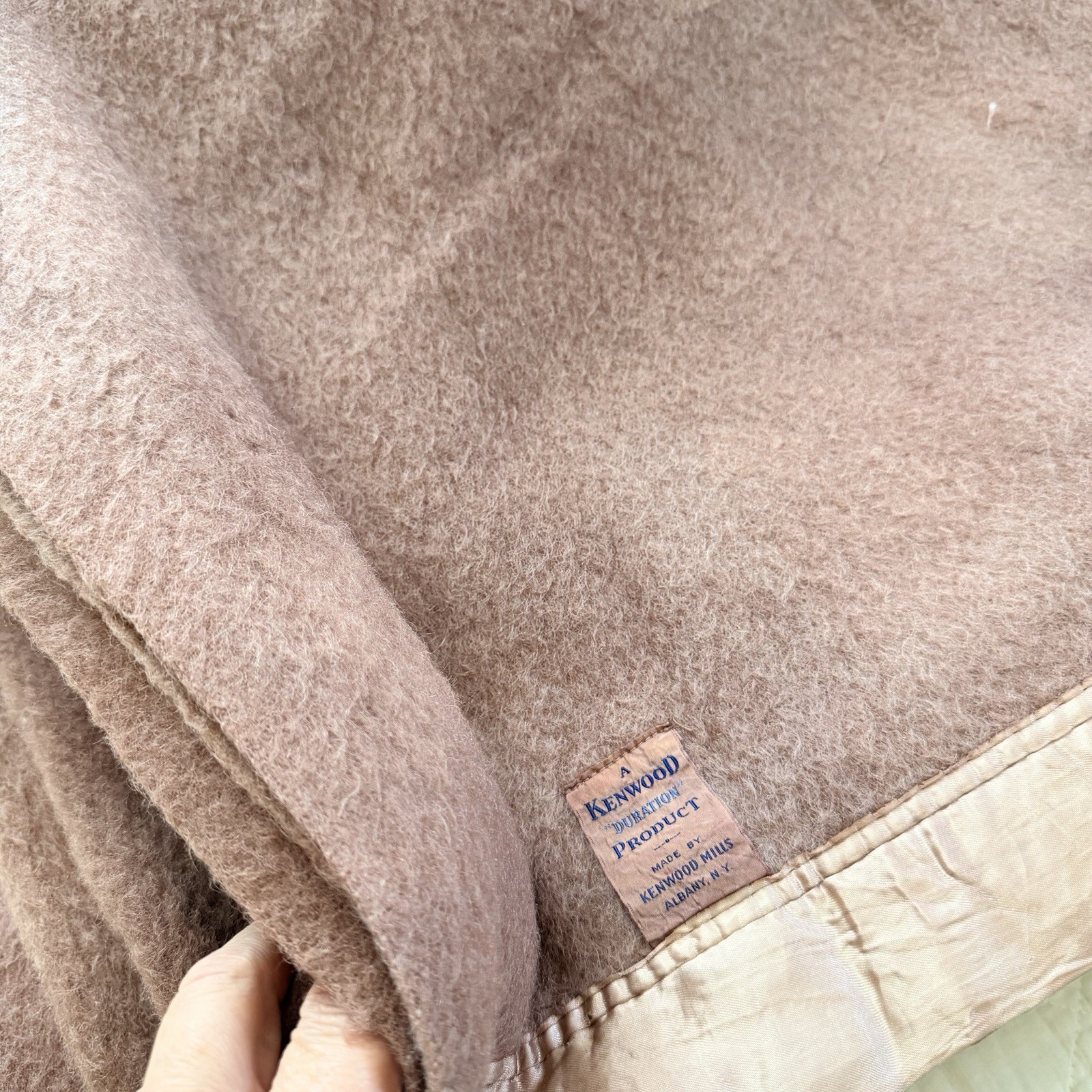 Vintage 1940s Kenwood Duration Wool Blanket 75x80 Taupe Satin Trim USA
