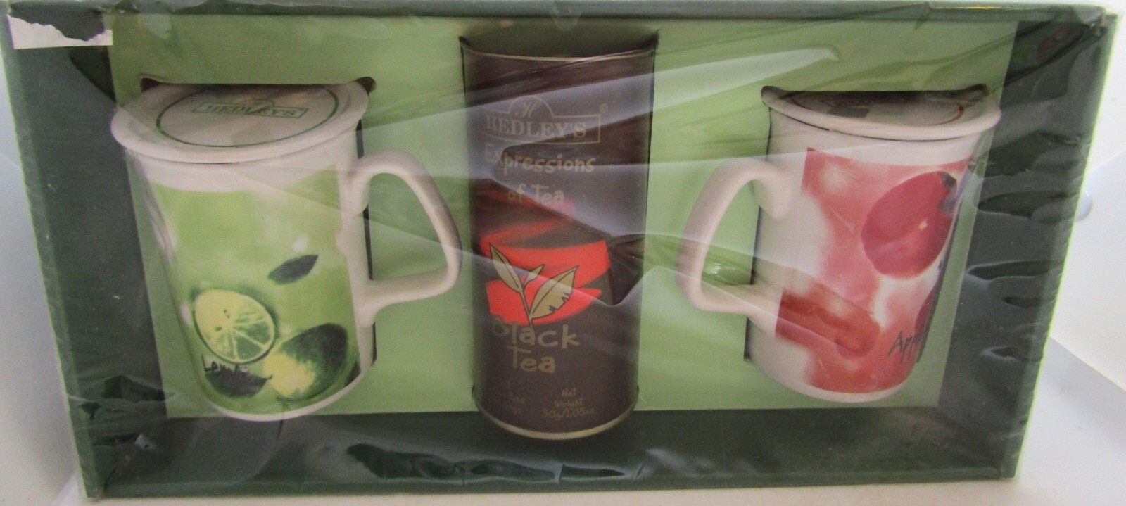 NEW Hedley's EXPRESSIONS OF TEA TEA BAGS AND 2 CERAMIC MUGS W LIDS LEMON APPLE