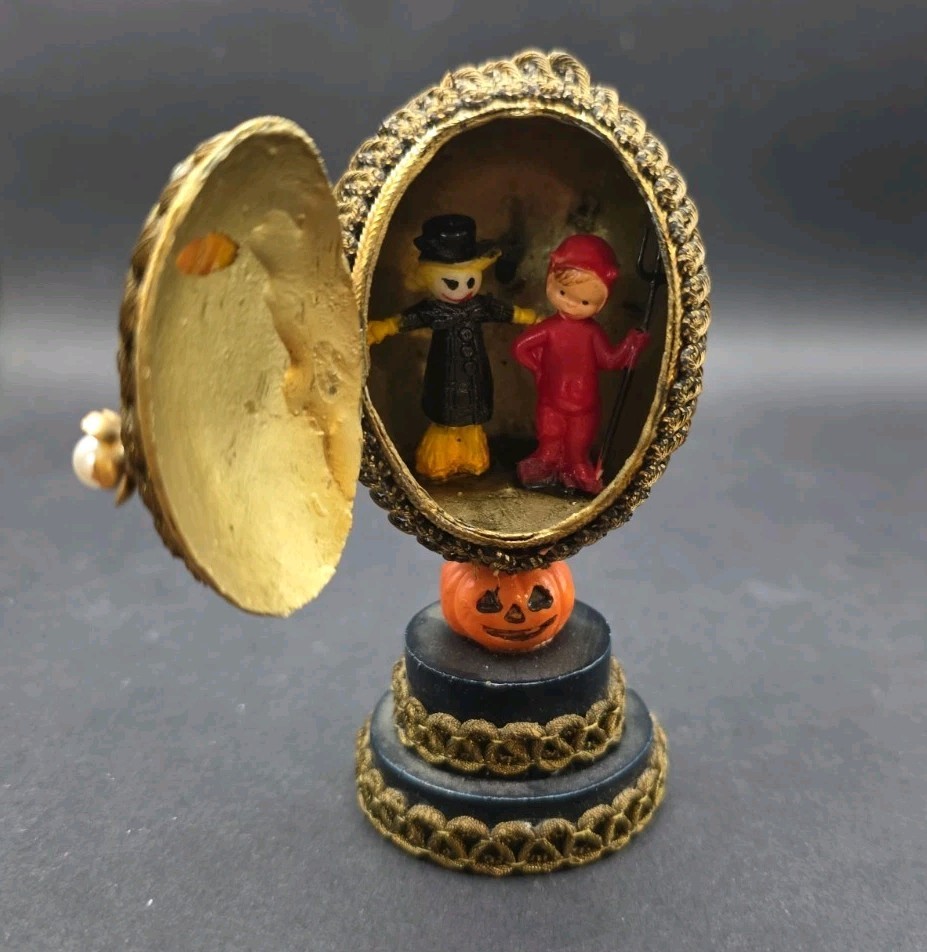 Vintage Halloween Egg Diorama - Little Devil Boy & Scarecrow - Handmade
