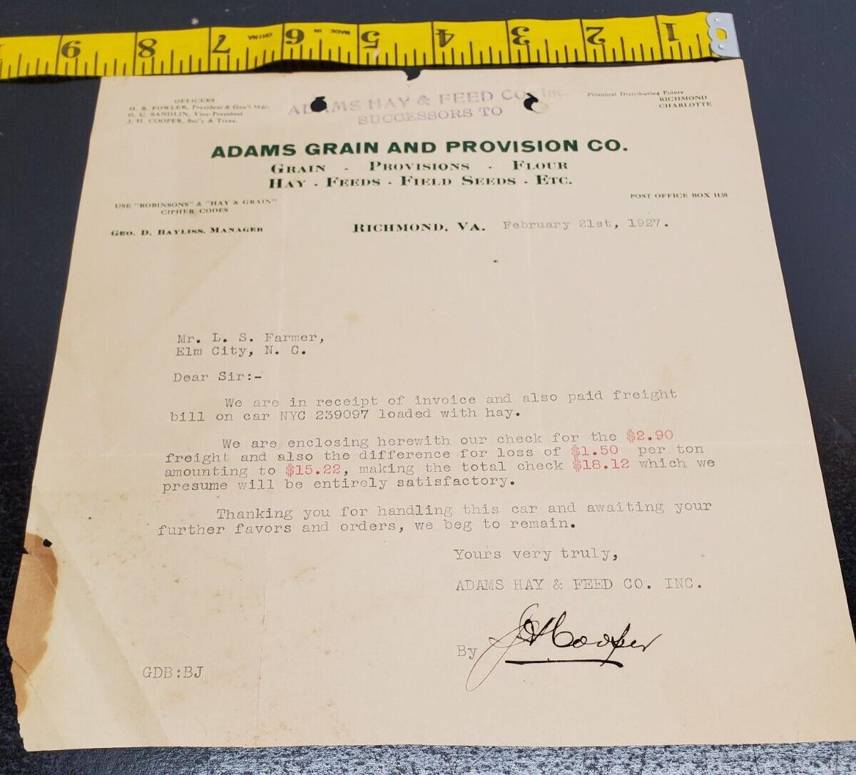 Feb 21, 1927 Adams Grain & Provision Co Invoice-Grain, Flour, Field Seeds