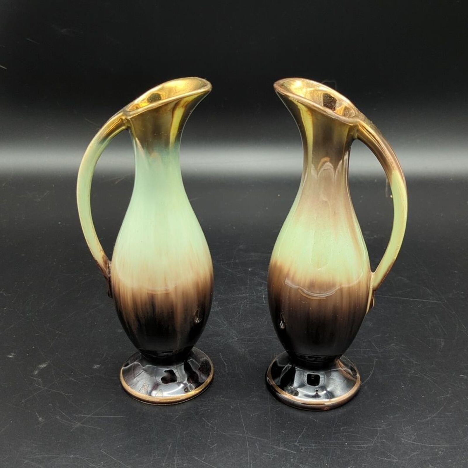 Vintage Germany pottery pair of drip glaze ewer small pitchers