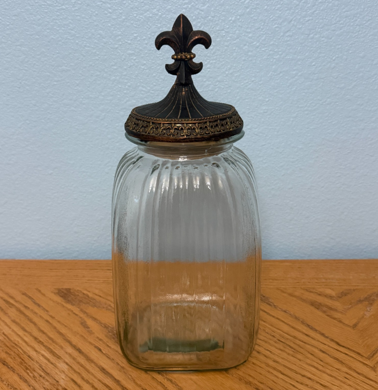 Vintage Fleur De Lis Clear Ribbed Glass Storage Canister Very Large 15.5\