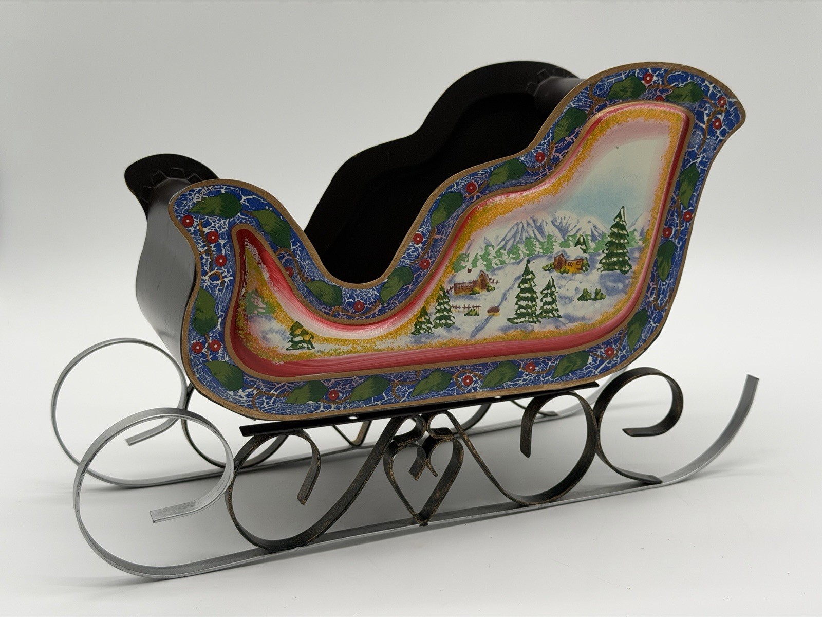 Rare Vintage 1980\'s Large Painted Metal Christmas Sleigh Snowy Winter Decor