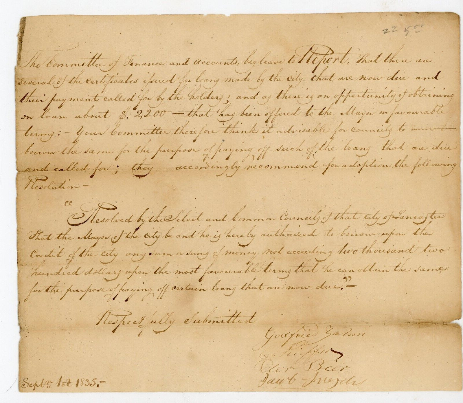 19th Century Document Lancaster PA Council members Signed 1835 Zahn Whitman Bier