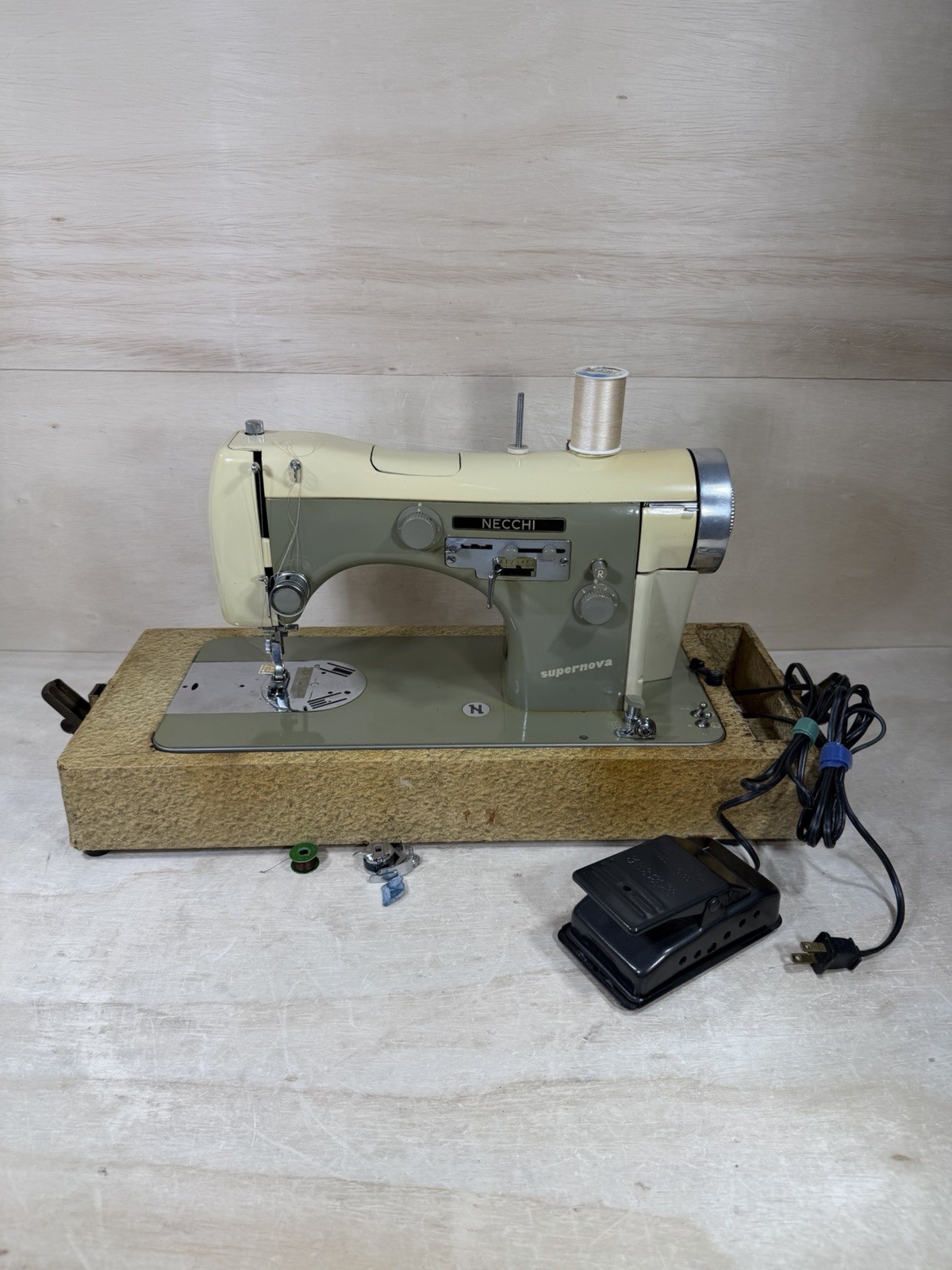 Vintage Necchi BU Supernova Sewing Machine Made In Italy Two-Tone Case Pedal