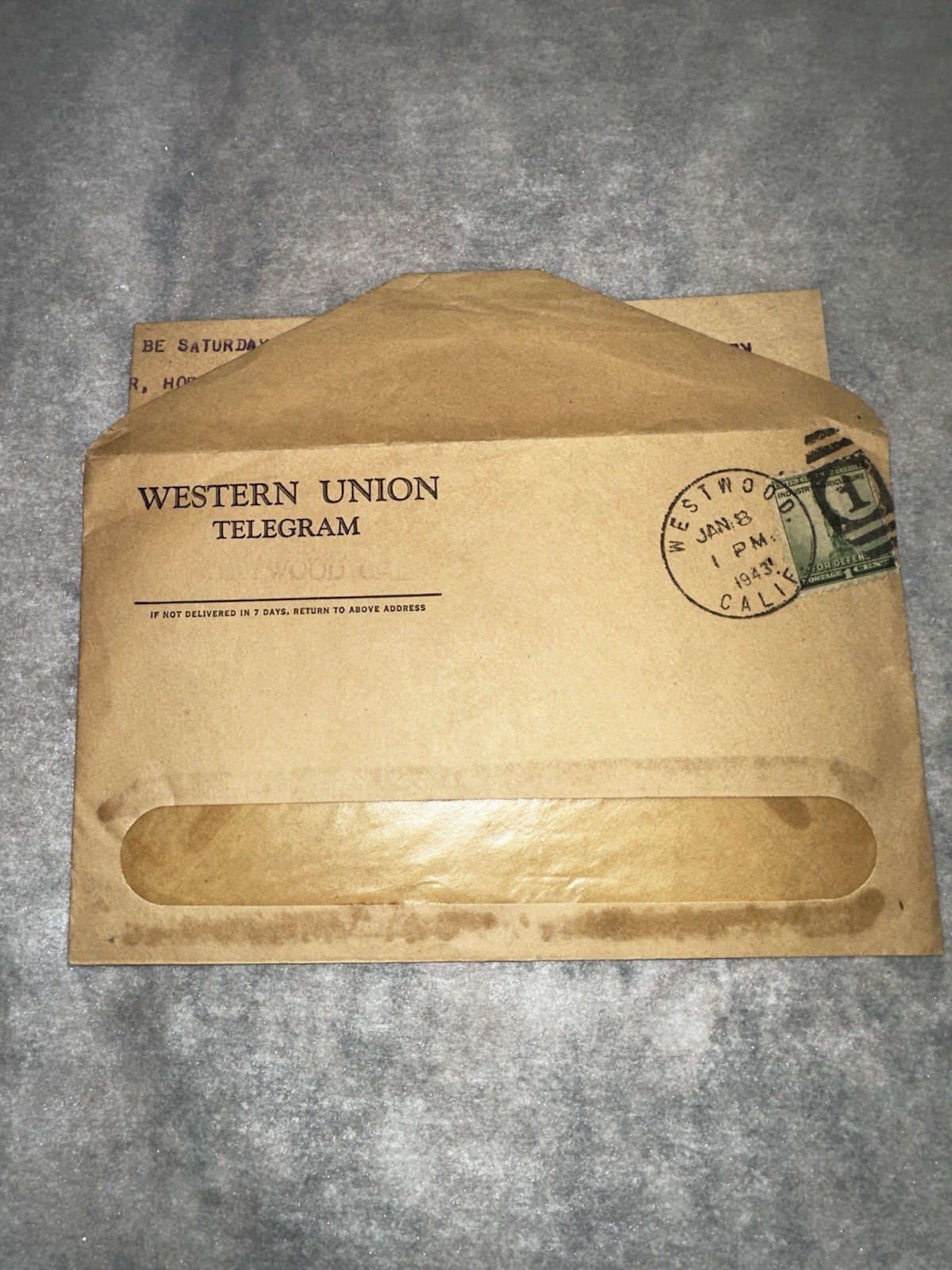 1943 Western Union Telegram , Death Notification , Military Memorabilia 