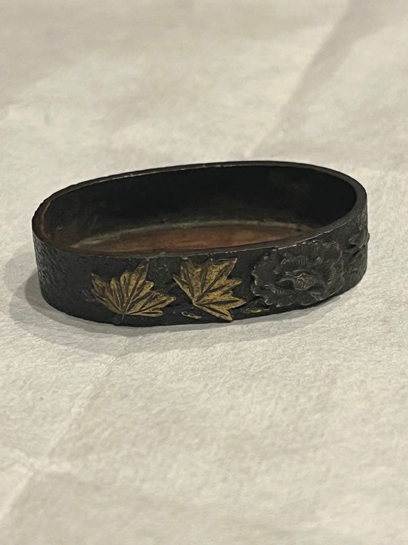 Antique Japanese Shakudo Fuchi Autumn Floral Gold Inlay Edo Period Antique Japanese Shakudo Fuchi Autumn Floral Gold Inlay Edo Period