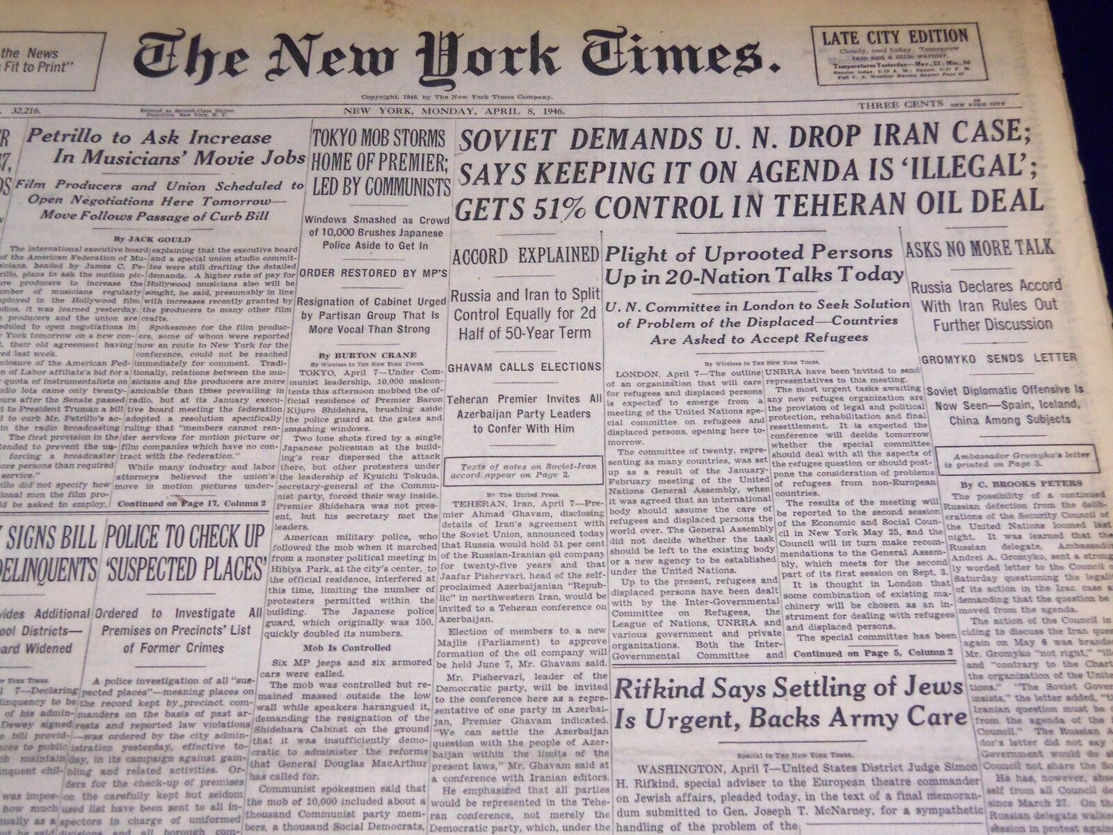 1946 APRIL 8 NEW YORK TIMES - SOVIET DEMANDS U. N. DROP IRAN CASE - NT 2330