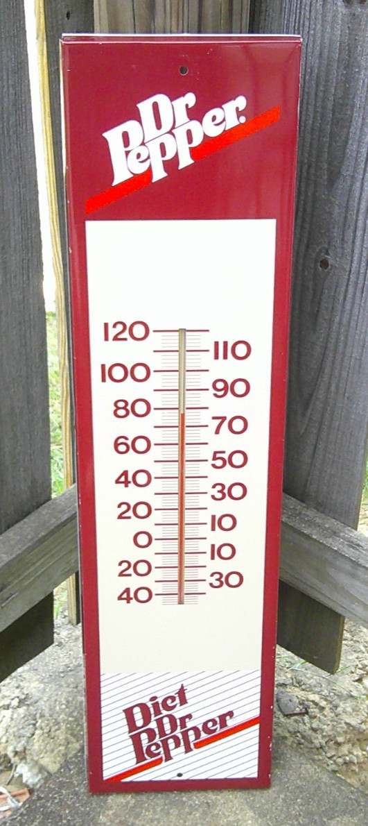 VINTAGE DR PEPPER & DIET DR PEPPER METAL THERMOMETER STOUT 28\