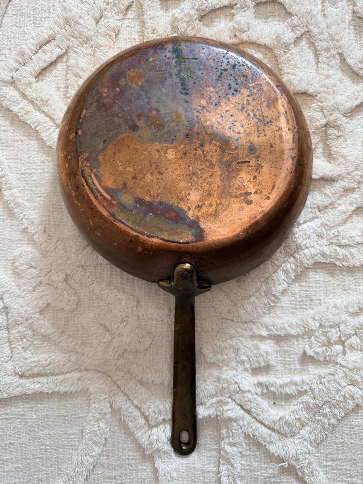 Vintage Copper Frying Pan 11” Tinned Interior Heavy Brass Handle 3 Rivet