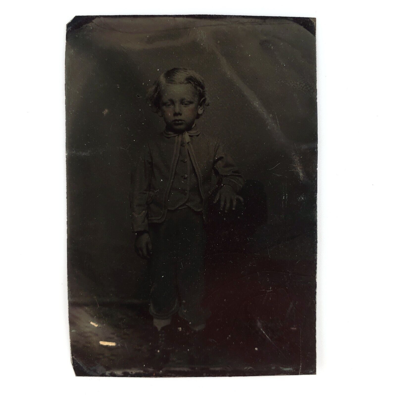 Small Boy Looking Down Tintype c1870 Antique 1/6 Plate Child Chair Photo A3123