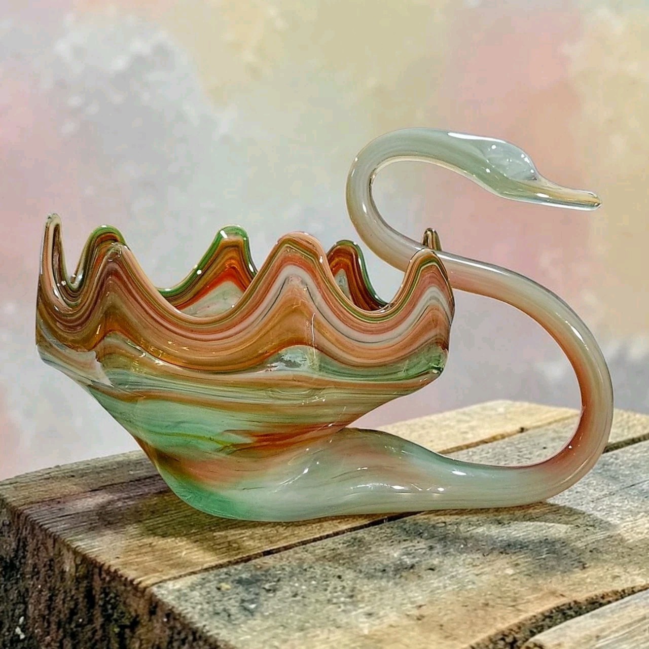 Mid Century Vintage Sooner Art Glass Mint Green & Orange Hand Blown Swan Dish