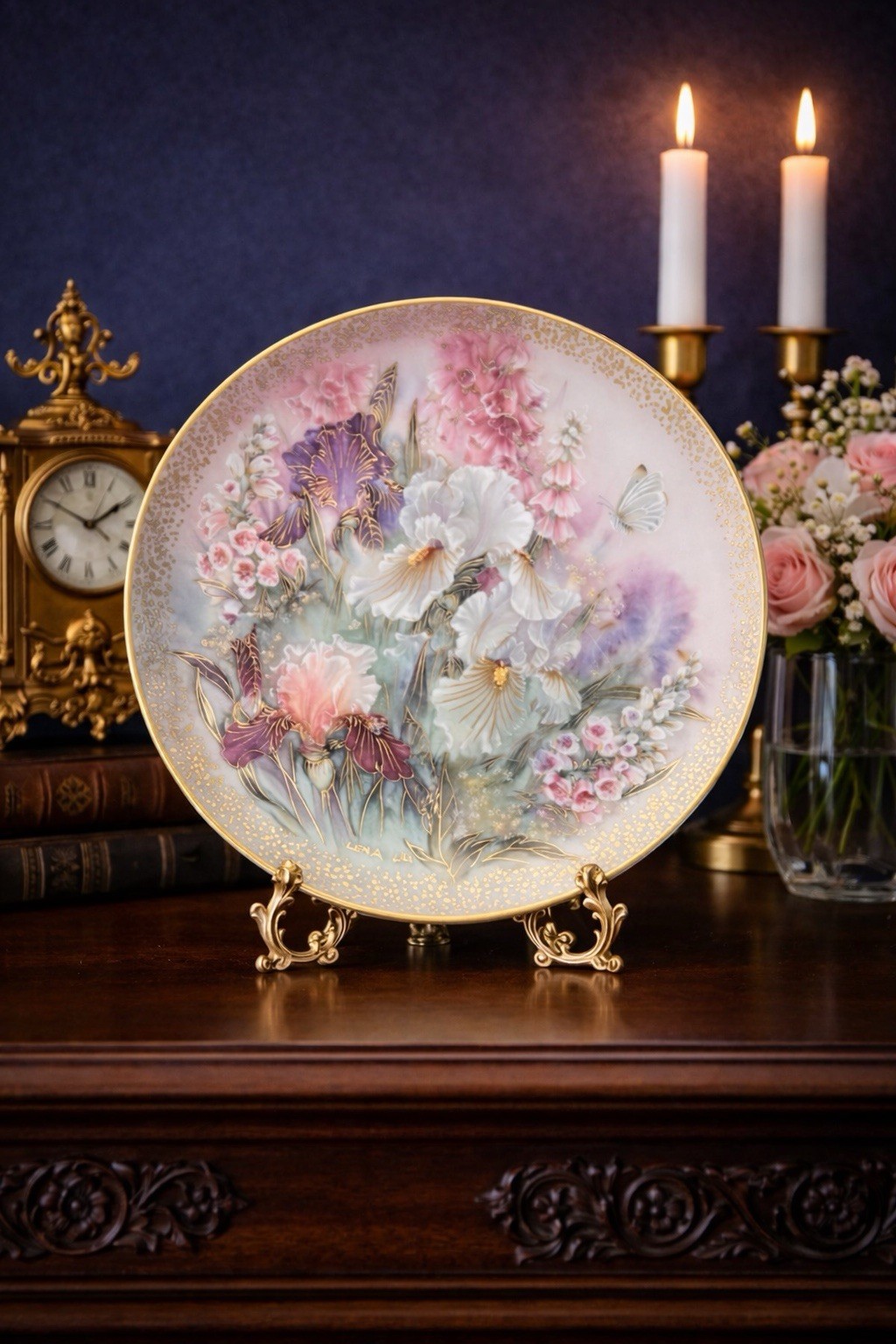 W.S. George Fine China Lena Liu 1991 Iris Quartet Porcelain Cabinet Plate, 8.75”