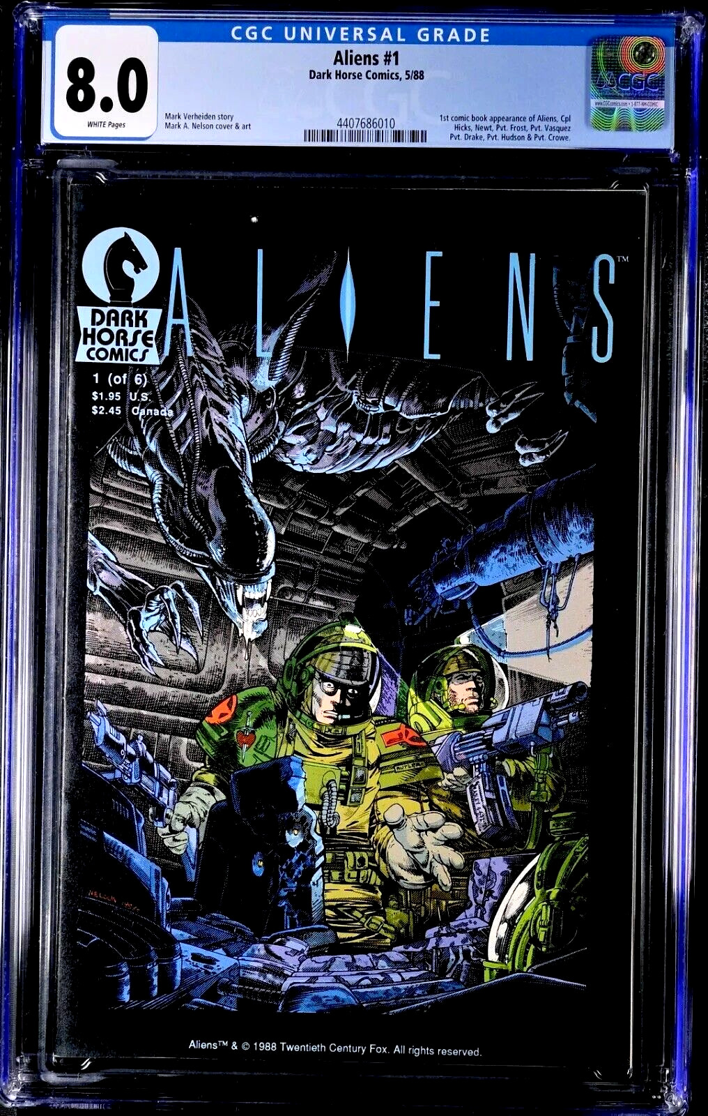 🔥ALIENS #1~CGC 8.0 White Pgs~Dark Horse Comics, 5/88~1st appearance of Aliens
