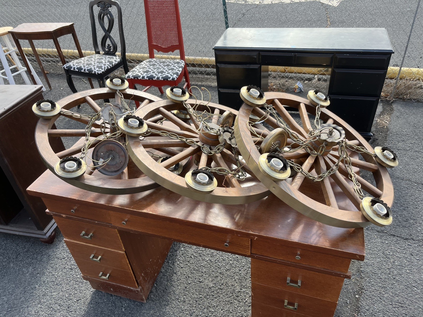 3-Matching, Large Vintage Wagon Wheel Chandelier Rustic 5-Light Copper-Color 24”
