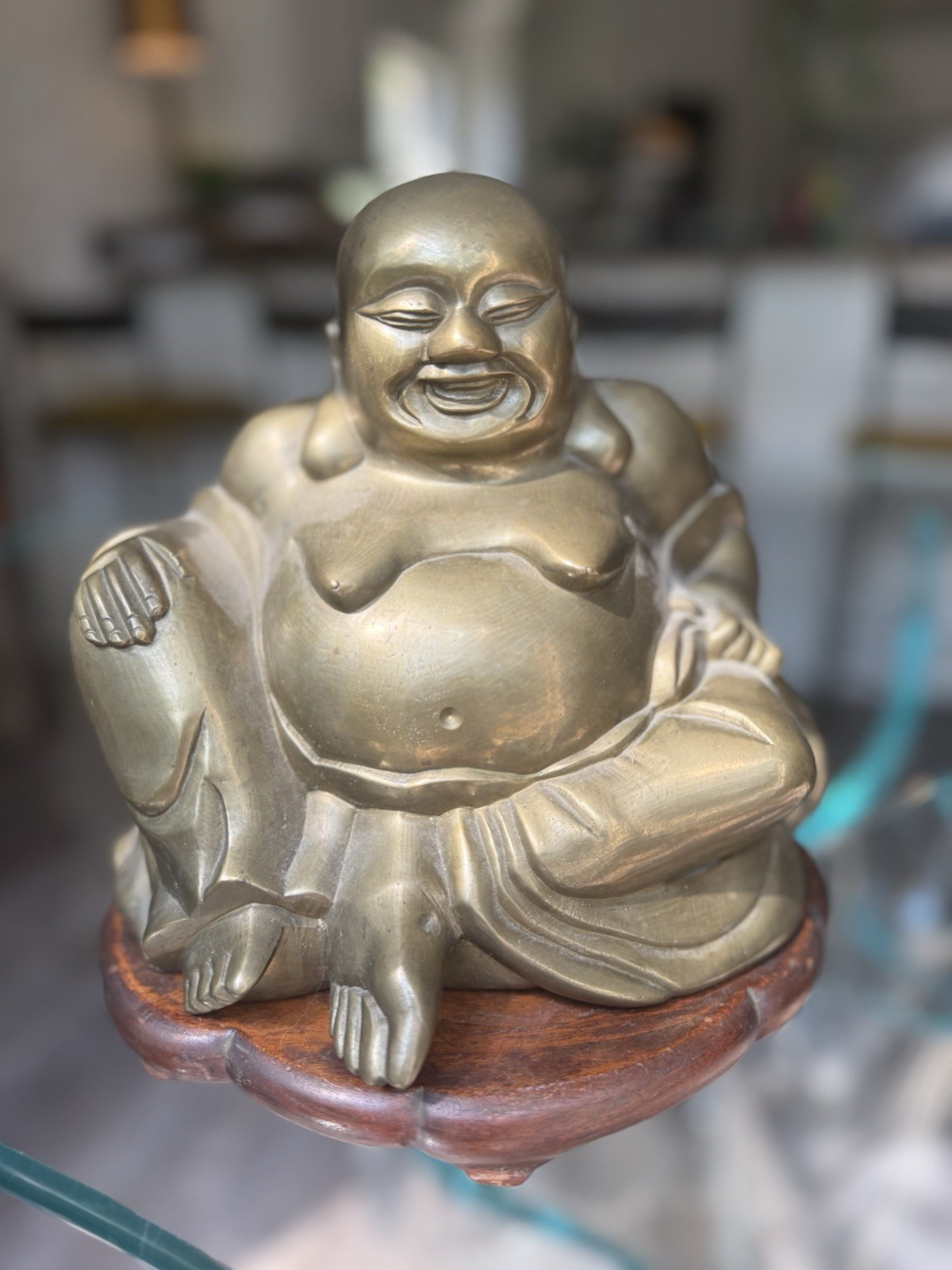 Vintage Heavy Brass Laughing Buddha Budai Maitreya Hotei Statue Wood Base 9.5”