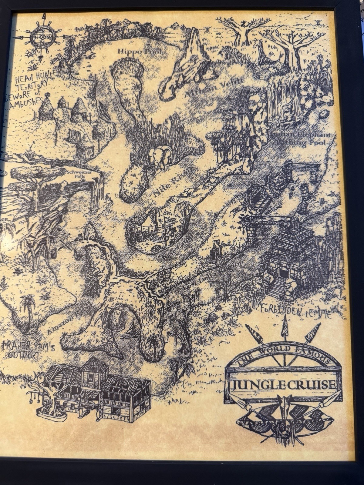 Framed Disneyland Park Jungle Cruise Souvenir Map guide 8.5
