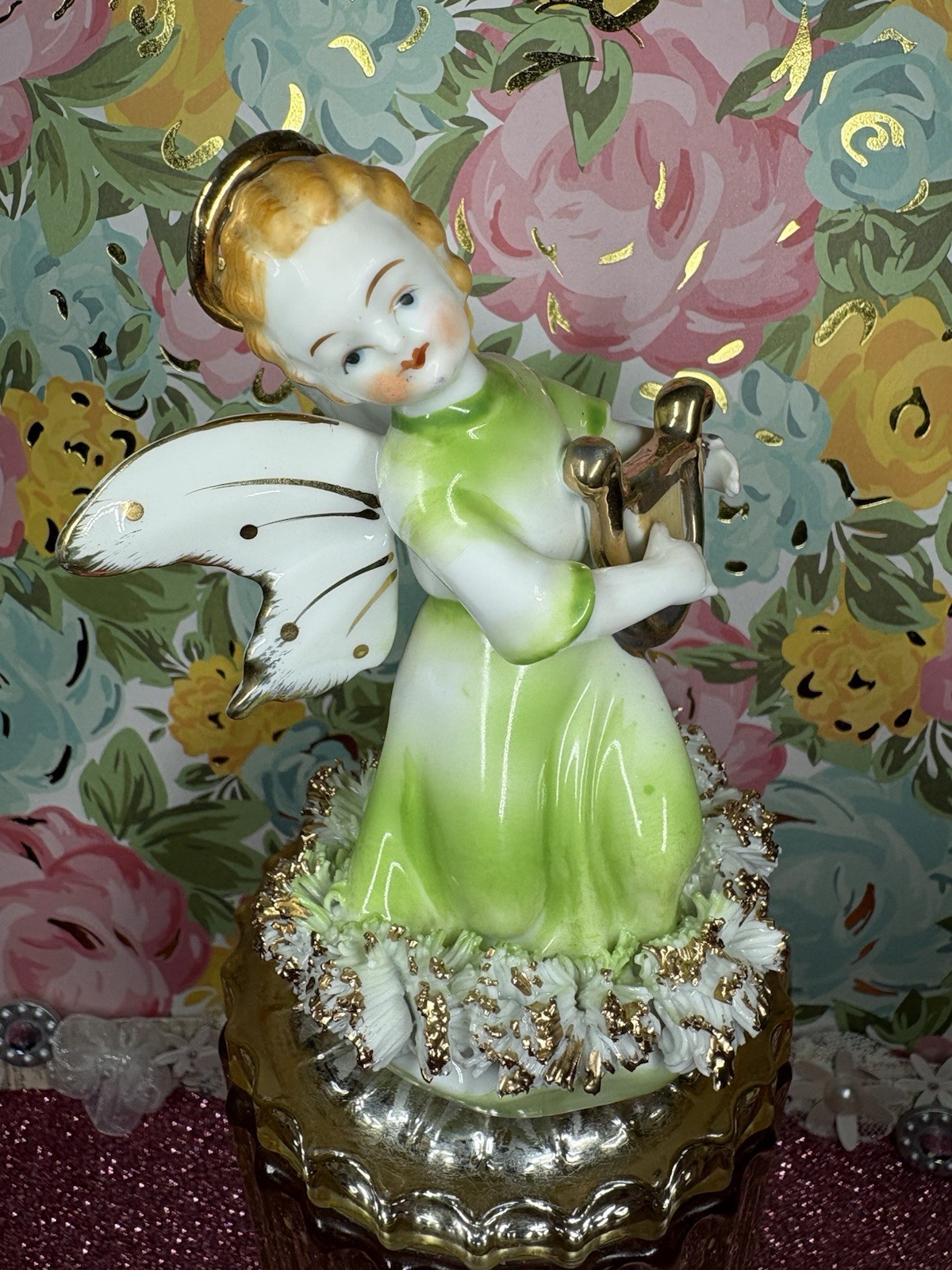 Vtg Ardalt Angel Girl In Green Dress Holding Lyre Harp Christmas Figurine Japan