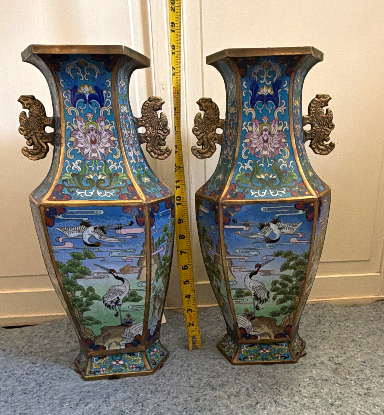 A pair of hexagonal cloisonné decorative vases from China’s late Qing dynasty
