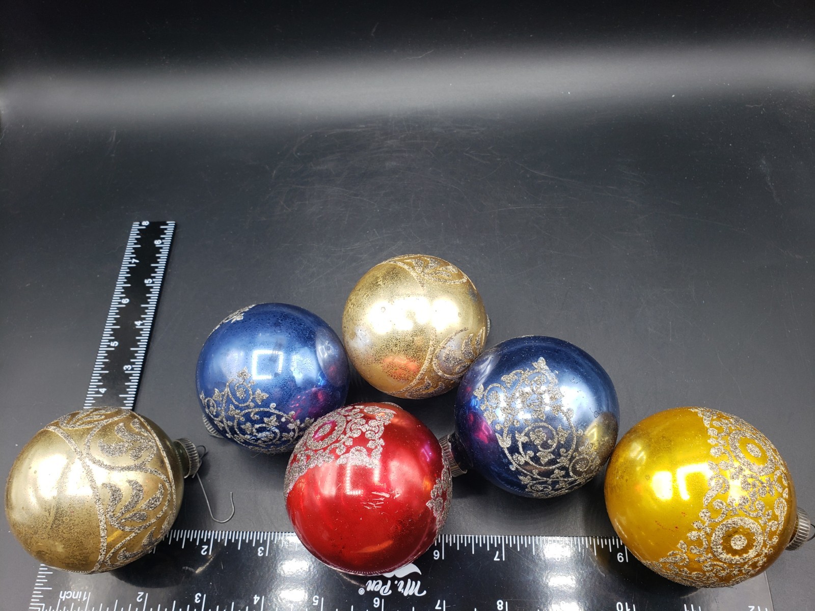 Vintage West Germany Ornaments 6pcs Red Blue Gold Clear Top 3\
