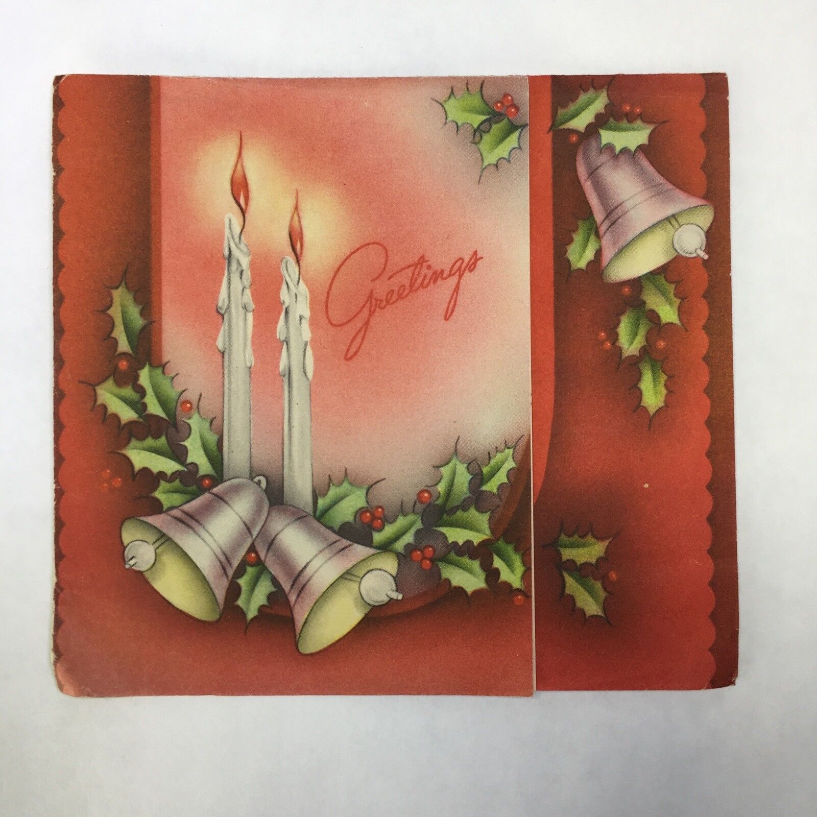 Vintage Greetings Bells Holly Candles Christmas Made In USA Holiday Card Signed 