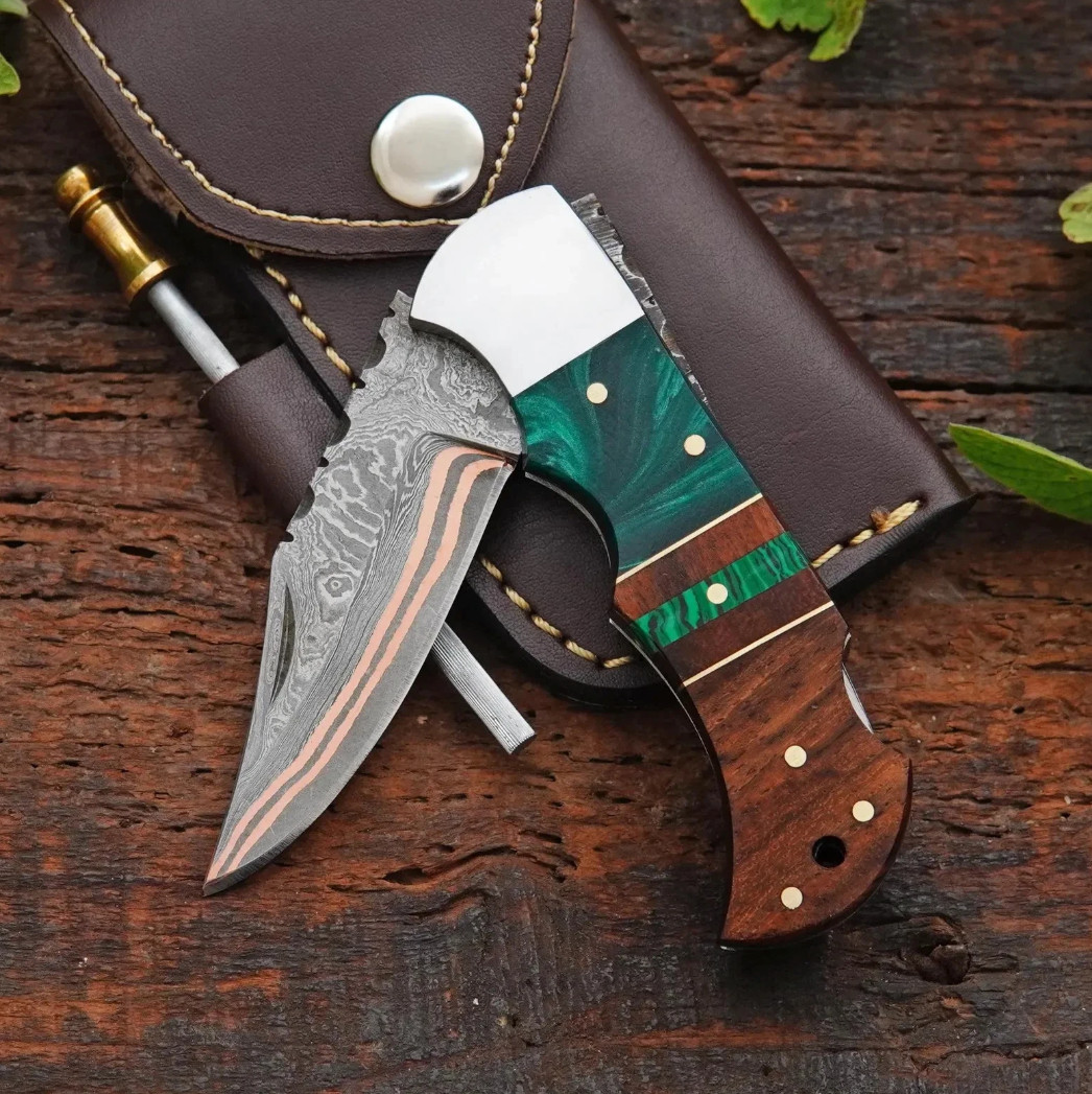 COPPER DAMASCUS Pocket Knife With Rosewood Handle Handmade Custom Folding Knife