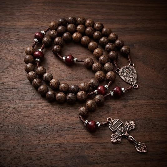 Handmade Catholic Wooden Rosary Necklace with St. Joseph Medal Cross