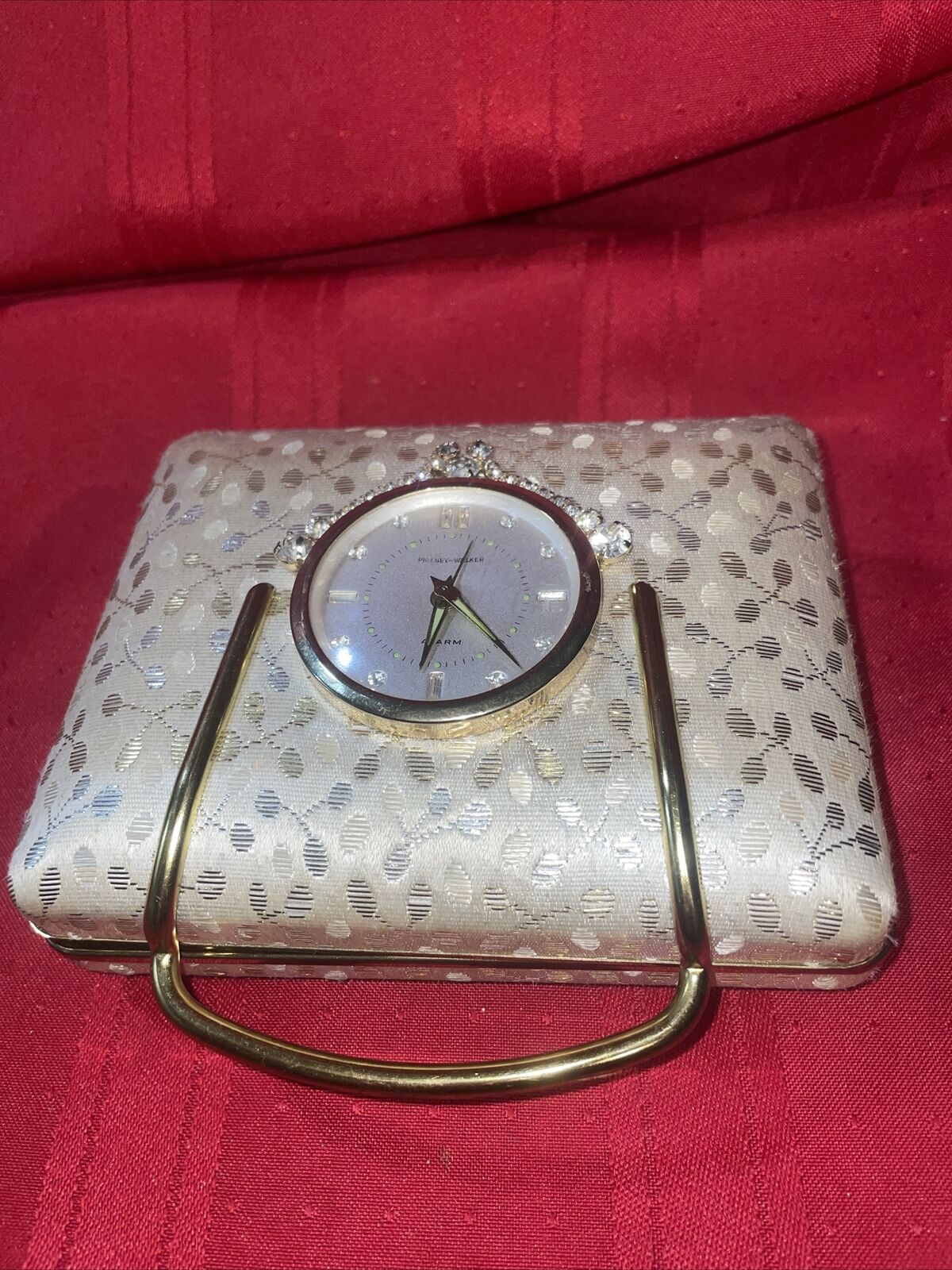 Antique Phinney Walker Travel Alarm Clock Jewelry Box Crystal Rhinestone