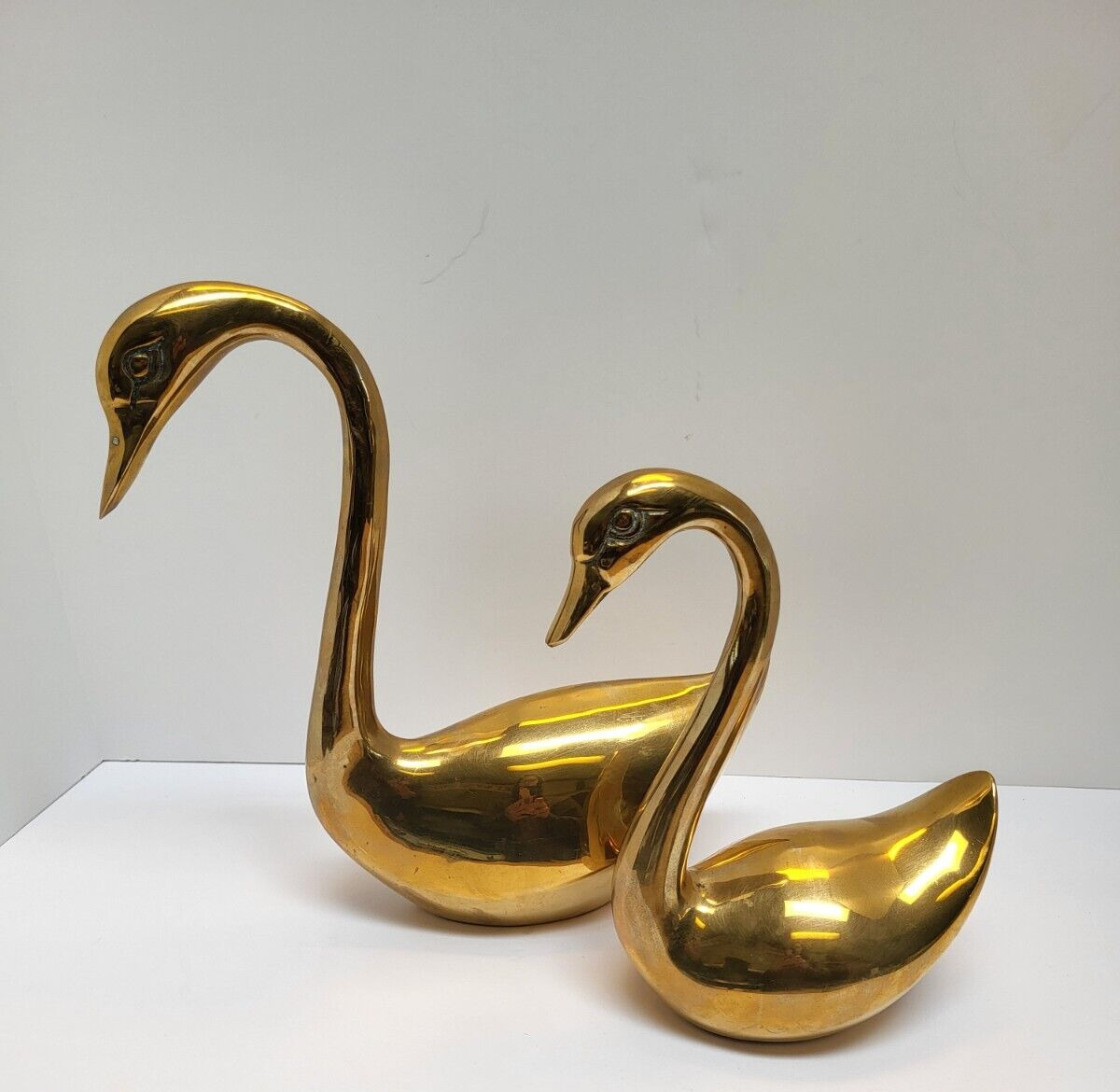 Vintage Pair of Large Brass Swans Sculptures MCM Patina Aging 11in & 9in Tall
