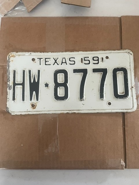 Vintage 1959 Texas License Plate HW 8770 White Black Classic Car YOM