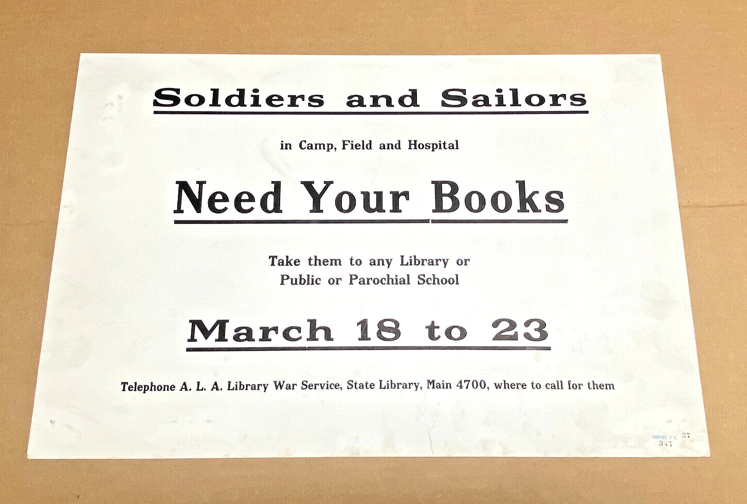 Original 1918 US WWI Poster Books for Soldiers, rare New York State issue