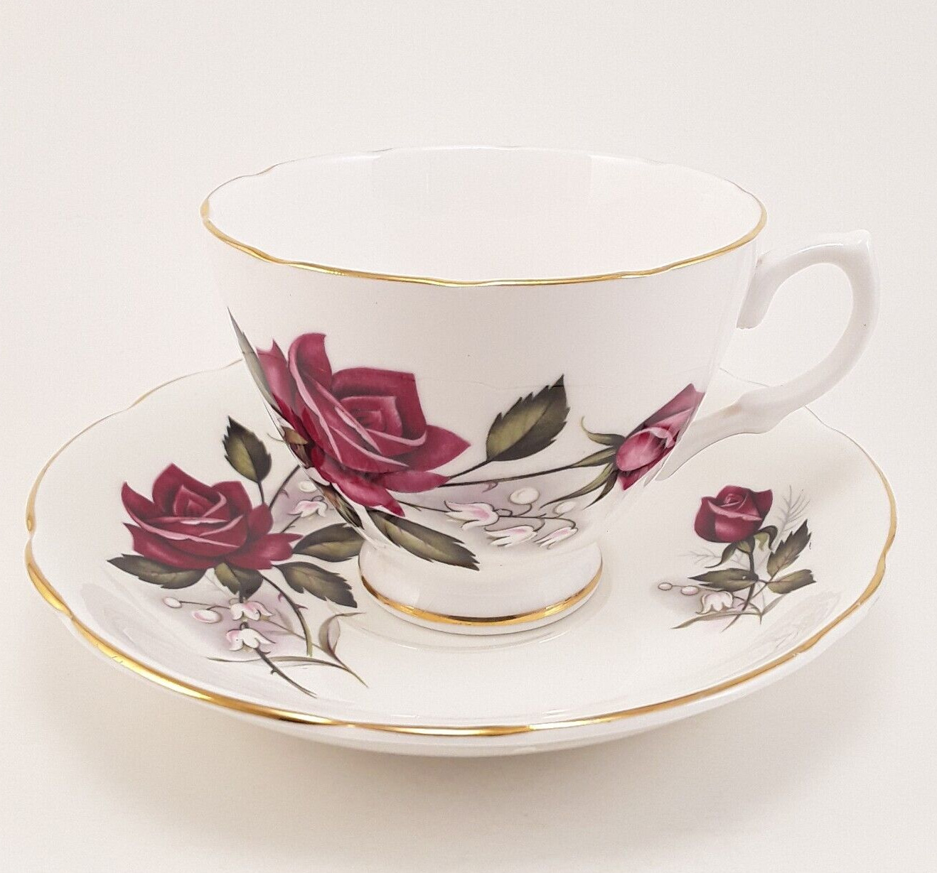 ROYAL IMPERIAL TEA CUP SAUCER, Dark Pink Roses & Lily of the Valley, England vtg