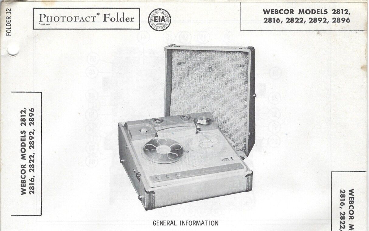 1958 WEBCOR 2812 2816 REEL To REEL Photofact SERVICE Repair MANUAL 2822 2892