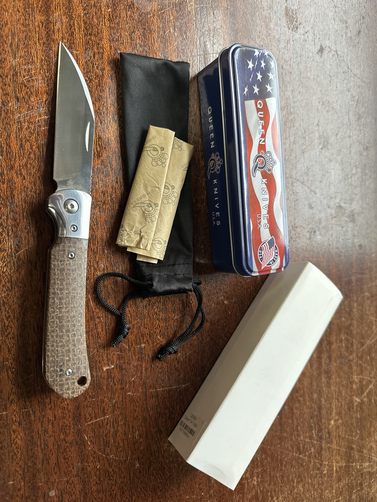 Queen Brown Burlap Micarta Pattern 84 Folding Pocket Knife USA Bohler M390