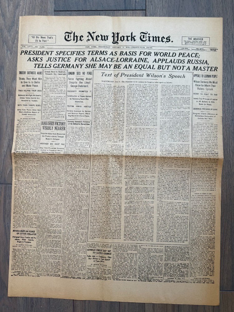 New York Times Newspaper, January 9, 1918 Text of President Wilson's Speech 