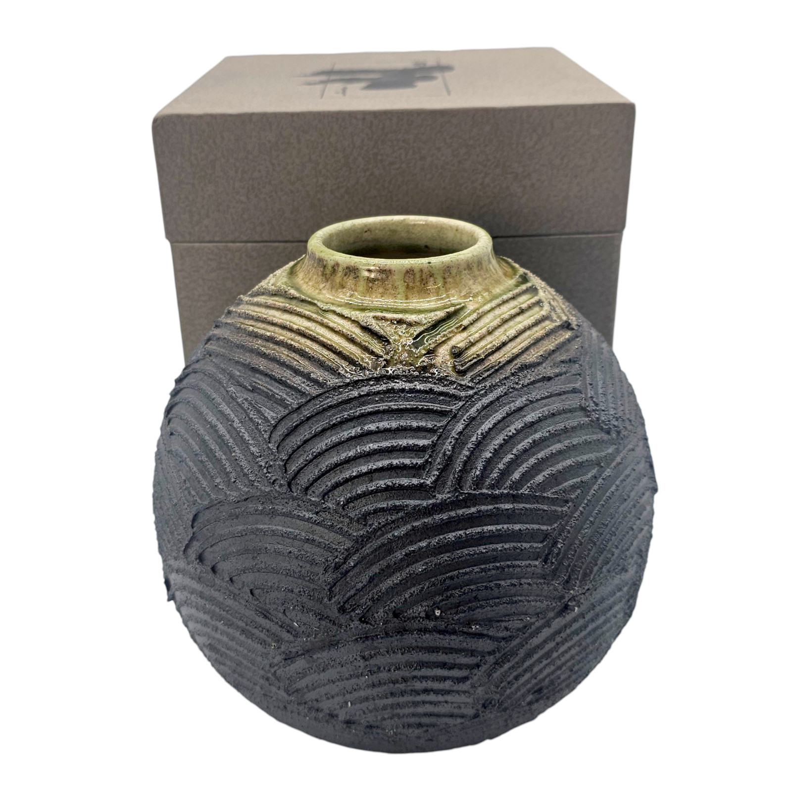 Vtg Japanese Shigaraki Stoneware Textural Wave Vase Ombre Original Box 9