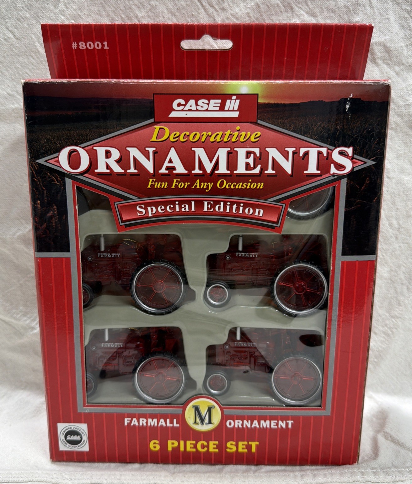 OFFICIAL CASE IH Farmall M RED Tractors Christmas Ornament 6 PIECE Set #8001 NIB