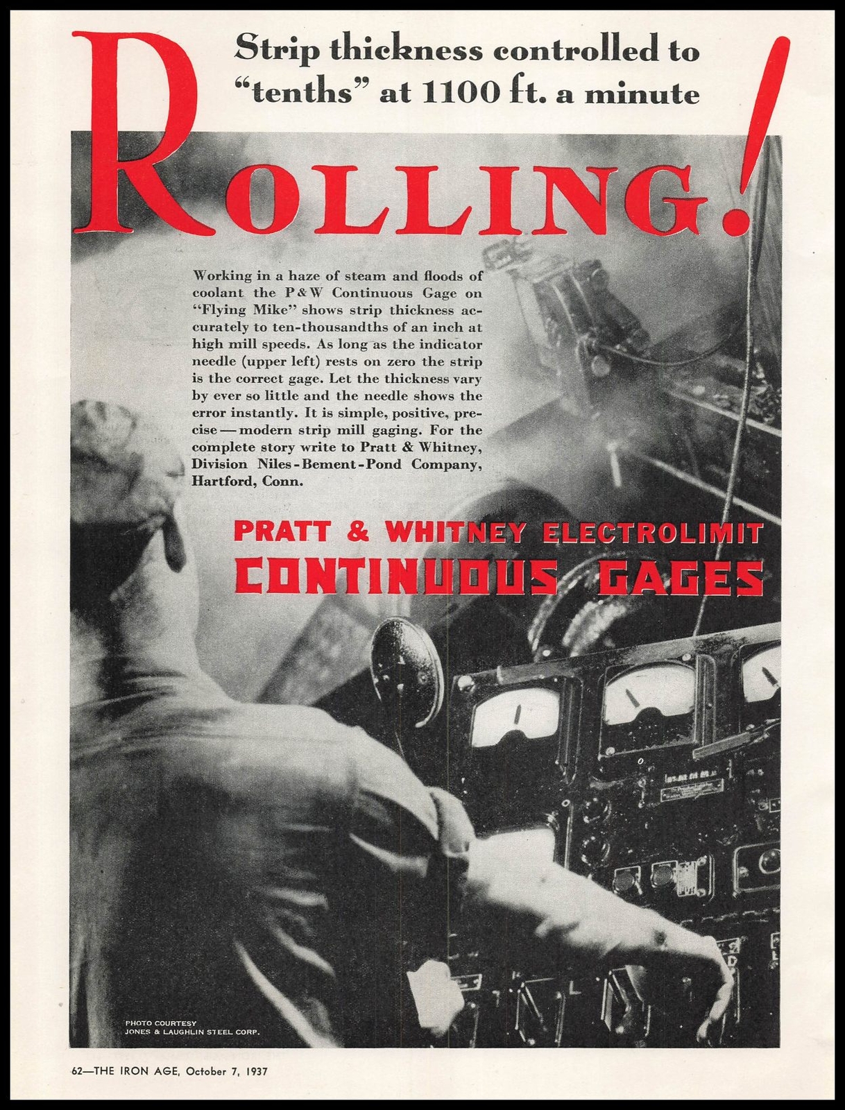 1937 Pratt & Whitney Niles Bement Pond Co Electrolimit Continuous Gages Print Ad