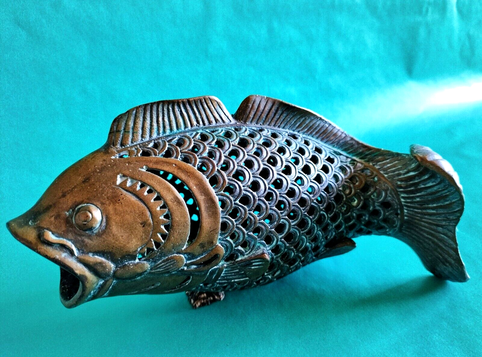 Vintage Solid Bronze Koi Fish Statue