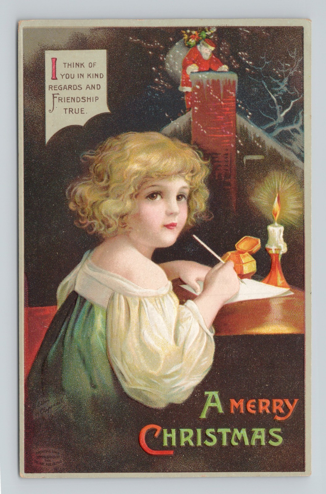 Vintage 1910s Ellen Clapsaddle Girl Writing Santa Christmas Embossed Postcard