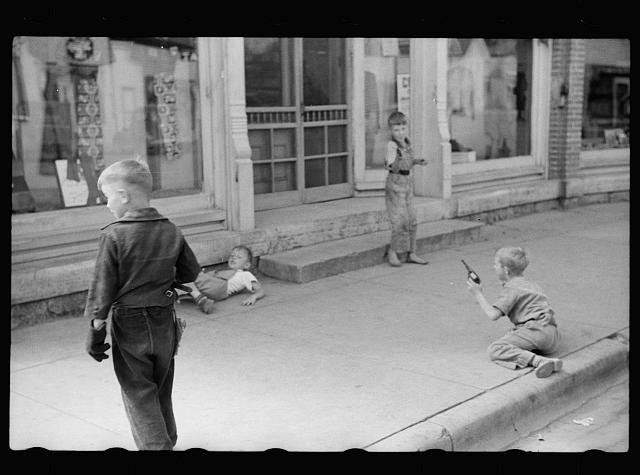 Photo:Boscobel Wisconsin 1939 Toy Gun Fight Boys on Sidewalk